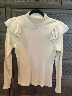 T.La Cream Ruffle-Shoulder Ribbed Mock Neck Long Sleeve Top